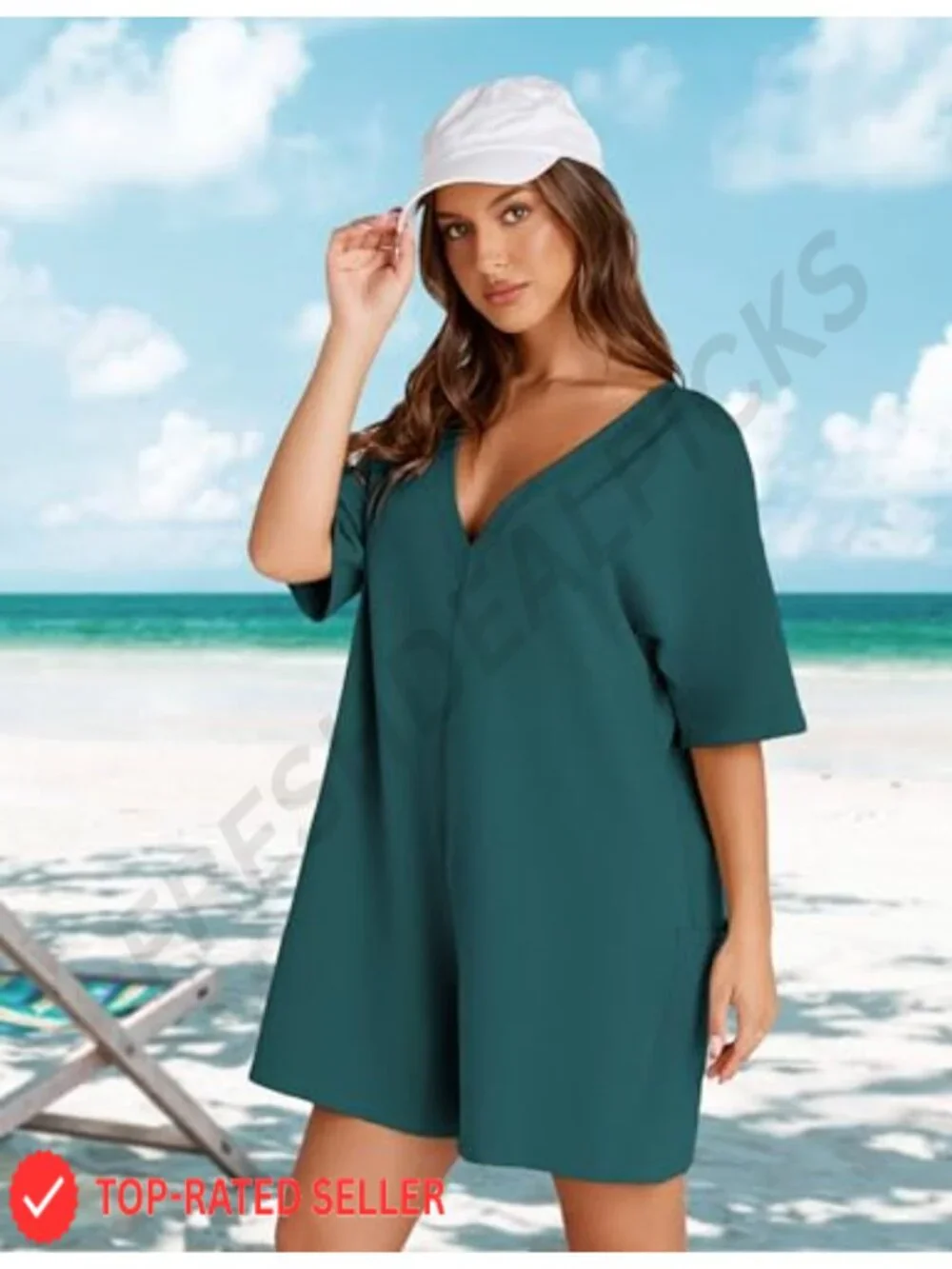Womens Summer Romper Oversized Short Sleeve Jumpsuit Cotton Spandex V-Back